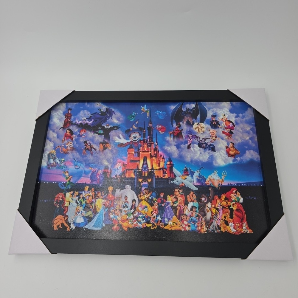 Disney Castle Character Collage Wood Art Framed Textured Picture Print 18"x13"